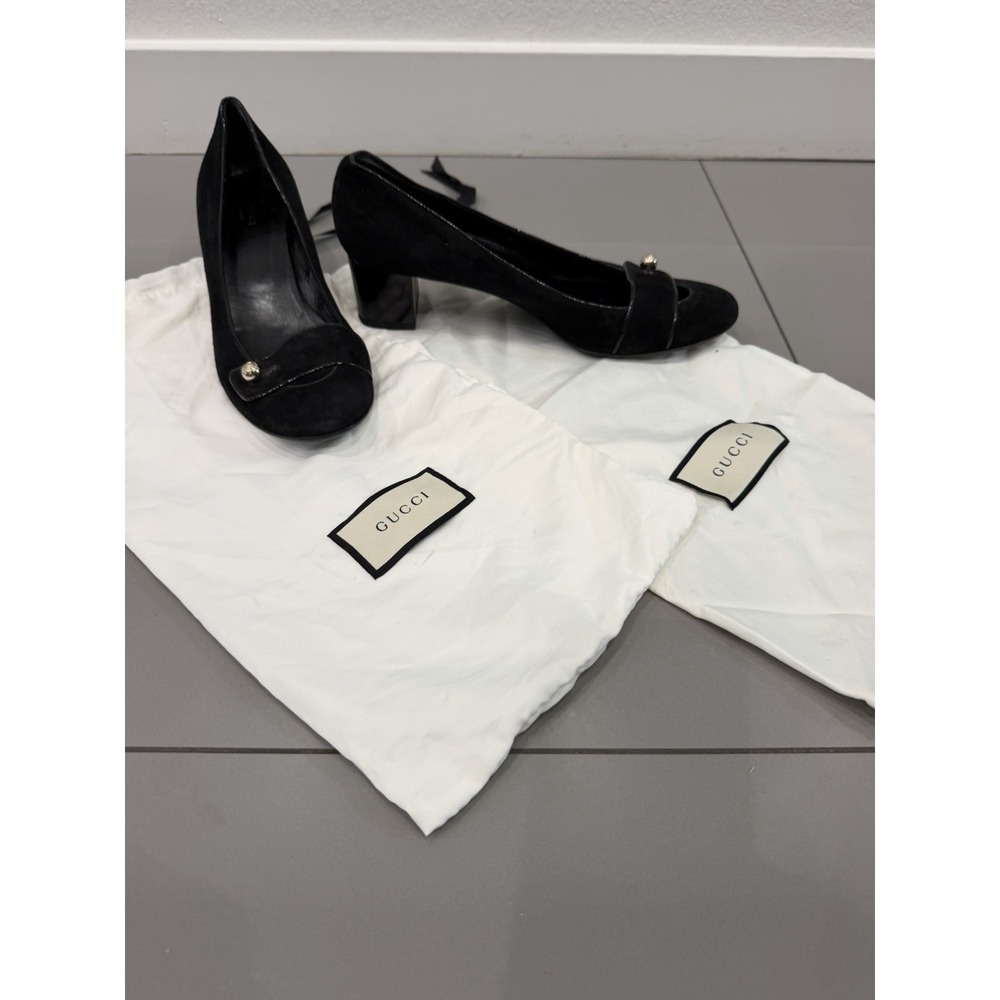 Gucci Pumps Chunky Heel Round Toe Suede Black Women's Size 8.5